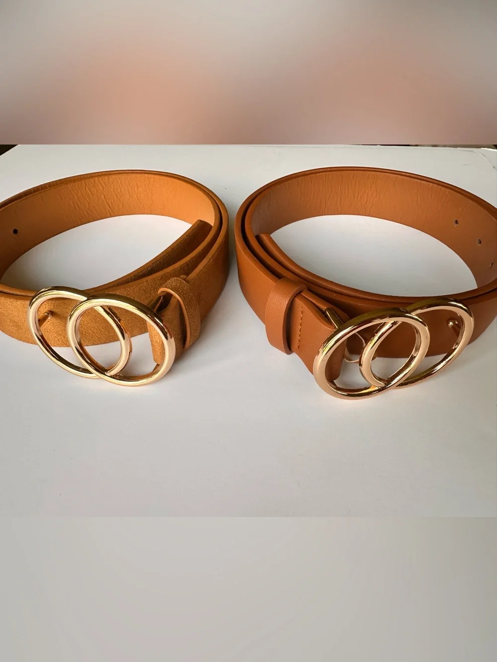 Set of 2 Double Ring Gold Buckle Belts Camel & Cognac 43